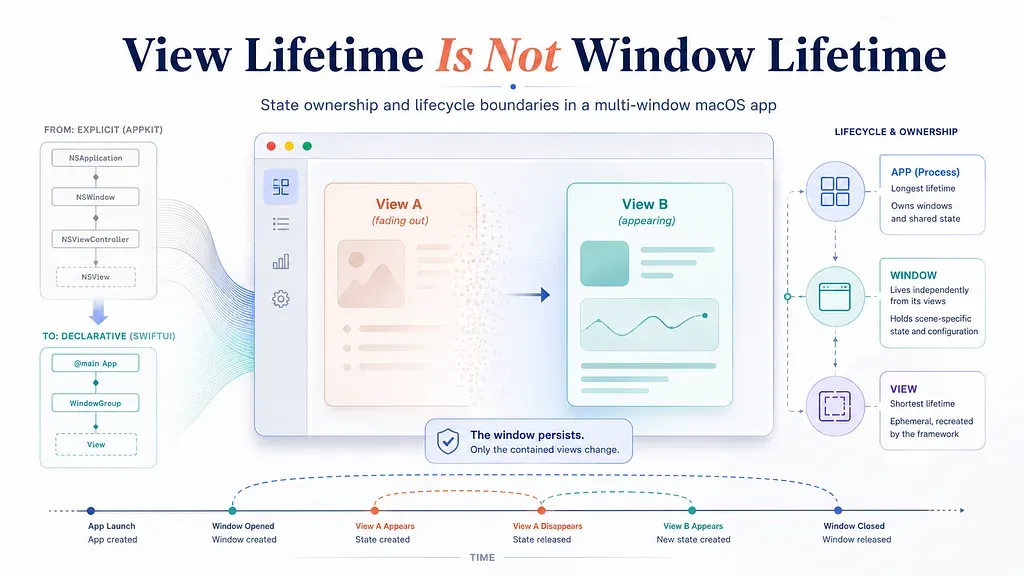 Diagram comparing AppKit window lifetime with SwiftUI view lifetime